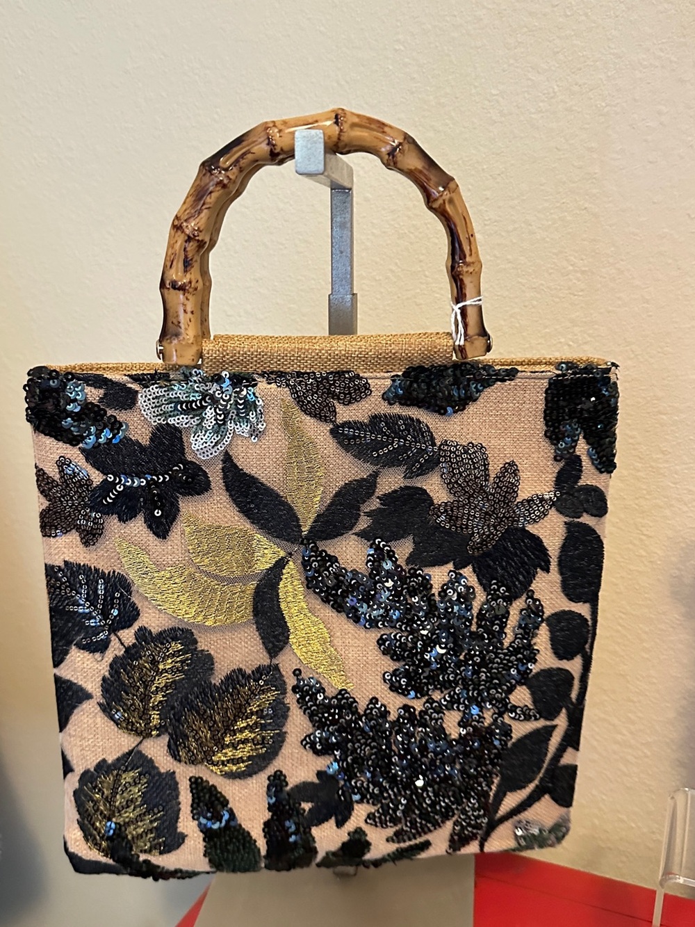 Sequin Floral Bamboo-Handle Tote Bag in Beige and Black